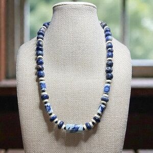 Artisan Made Porcelain Import , Blue faceted Onyx and Sodalite Necklace